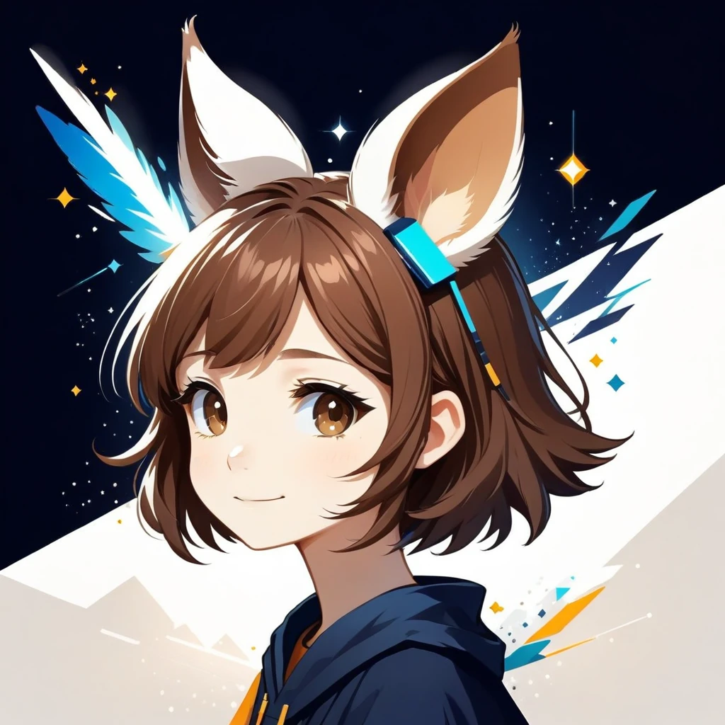 PORTRAIT OF A GIRL,1GIRL, , striking composition,sleek lines, unique pattern,abstract elements,geometric shapes,GEOMETRIC LOGO, expressive strokes , ,ANIMAL EARS, ANIMAL NOISE,CAPYBARA EARS, ANIMAL NOISE,ANIMAL headwear,SMILE, HALF CLOSE EYES, BROWN AND WHITE ANIMAL EARS,BROWN HAIR,((SILHOUETTE:1)),SIDE VIEW,FANTASY,EPIC, SPARKS,