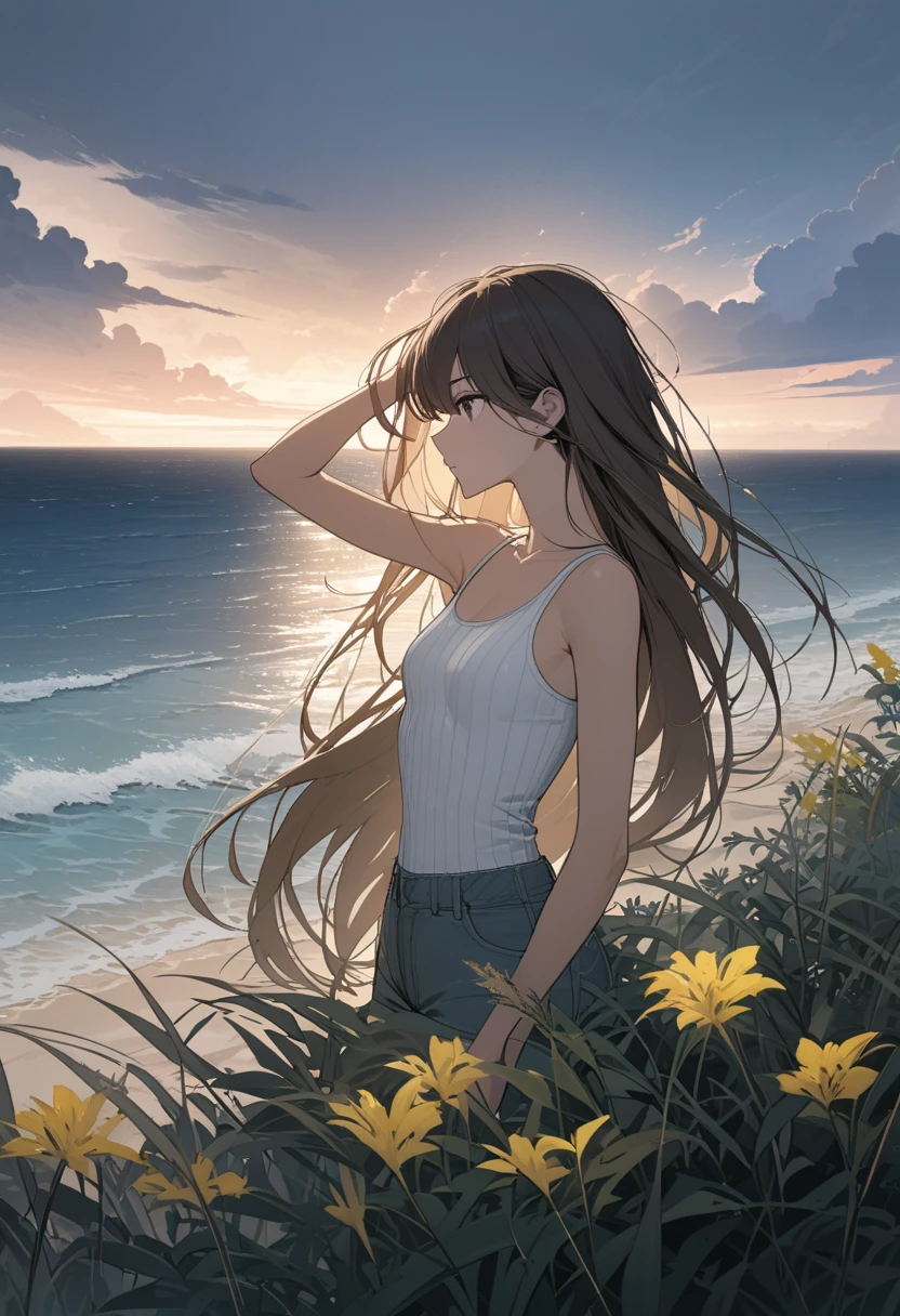 masterpiece, best quality, 1girl, solo, brown eyes, very long hair, swept bangs, thin, small breasts, toned arms, hand in hair, looking up, facing away, close-up, bare shoulders, ribbed white tank top, jean shorts, loose socks,, field, tall weeds, yellow flower, trees, clouds, dusk, hair blowing in wind, beach, tropical plants, weeds, sea, dusk, mists, rain,