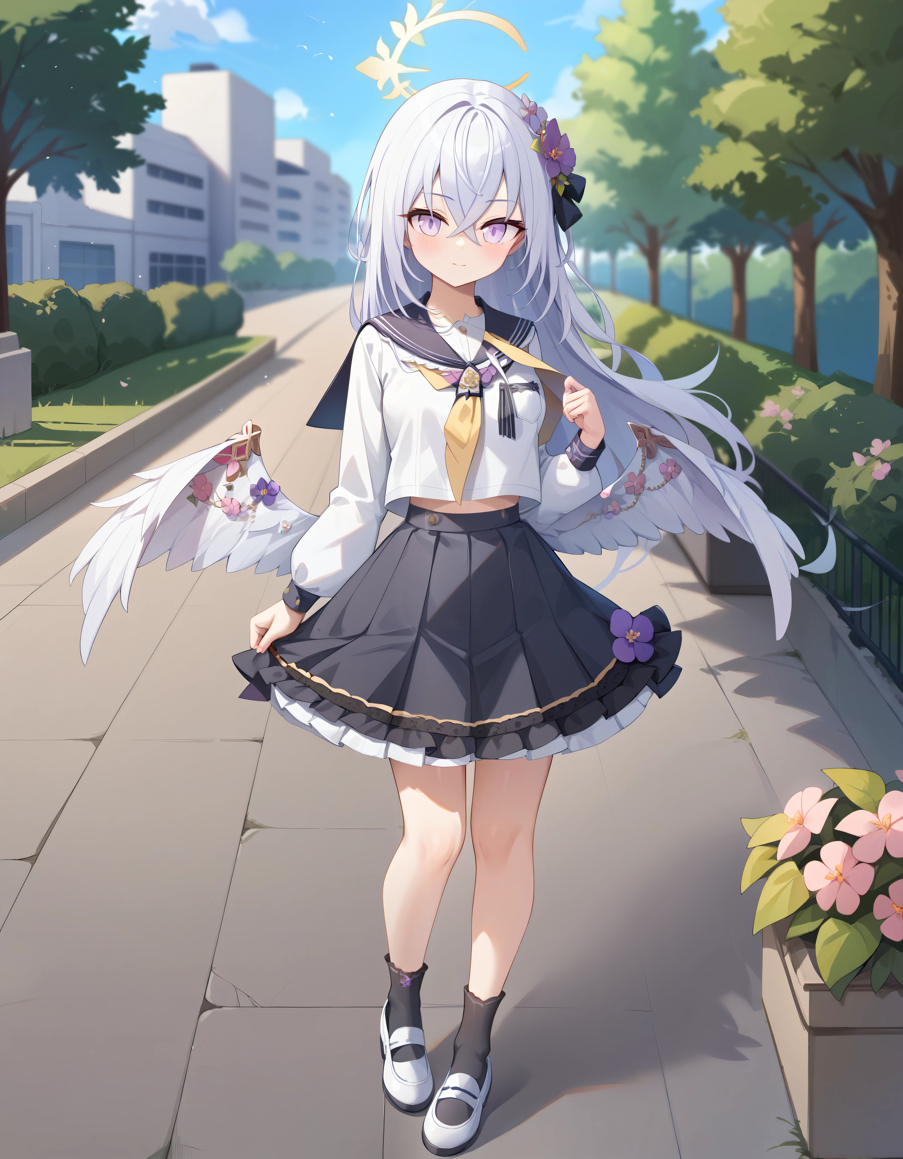 Best Quality, masterpiece,  Hi-Res, Alone, Azusa, shirasu azusa, Azusa ( blue archive), length_hair, hair_ t I , hair_between_eye, flower, hair_flower, halo, Wings, white_hair,  purple _eye, 前hair, ,  purple _flower, white_Wings,  1 girl,  stare _in_ viewer , Sailor_ color, School_uniform, closure_mouth, Crossed_前hair, length_sleeves, pink_eye, black_socks, white_shoes,  is standing,  full body, Outdoor, Park 