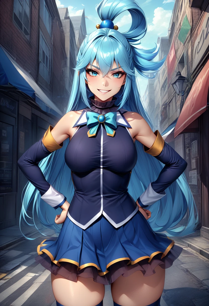 solo, 1girl, ksaqua, grin, looking at viewer, hands on hips, hair rings, blue shirt, bow, detached sleeves, skirt, thighhighs, bare shoulders, outdoors, city street 