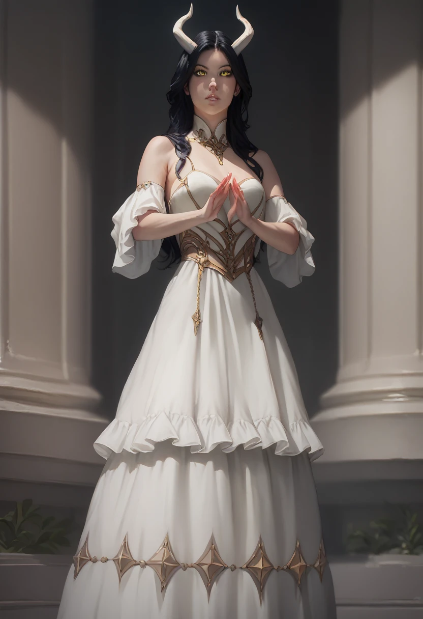 focused to upper body, realistic, 1girl, long black hair, sparkling yellow eyes, white dress, standing pose, tomb background, horn, perfect limbs,
