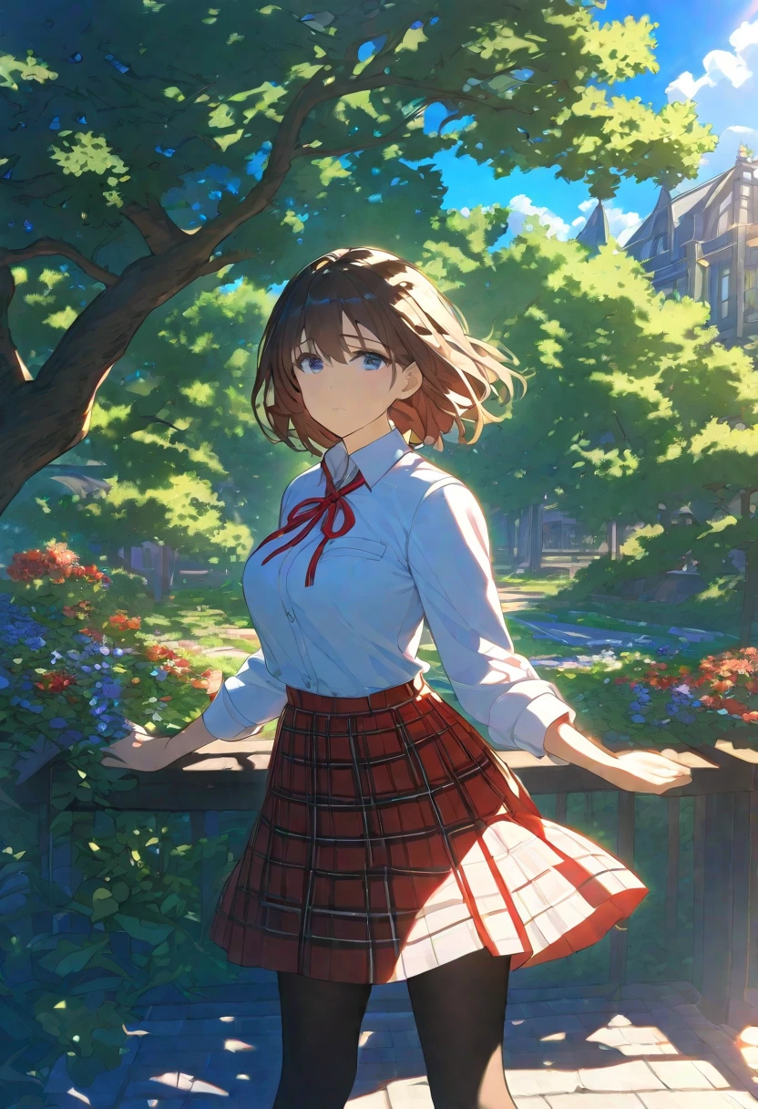 Masterpiece, hdr, bloom, 4k, Anime-style illustration featuring a beautiful female student, very short hair of dark brown, styled with a-line cut, bangs between eyes, she has a gentle, soft expression with large, slightly downturned eyes, giving her a calming and approachable aura, large breast, She is wearing a formal school uniform consisting of a black blazer, white shirt, red neck ribbon, red plaid skirt, and black pantyhose. reflecting her reserved but comforting personality, The background is a serene school courtyard during a sunny day, with trees, a blue sky, and soft sunlight filtering through, creating a peaceful and bright atmosphere. The style is detailed and vibrant, evoking a classic anime scene, cowboy shot, looking at viewer