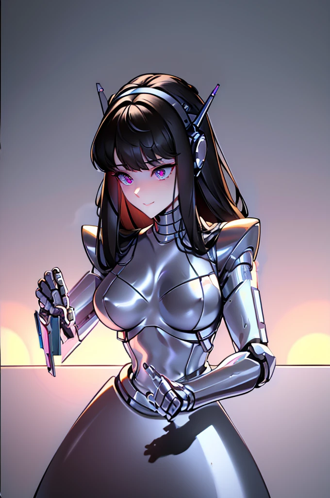 (masterpiece),(Highest quality),(Super detailed),(Best illustrations),(Best Shadow),(Absurd),(Detailed Background),(so beautiful), 16K, 8K, 4K,(Best Shadow),robotization,woman ,big bust,Robot Joint ,Metal skin,Black robot Suit,long hair,a black robot suit that covers the whole body,robot hand,cyber bodysuit,mecha head,(Detailed hands and fingers:1.2),Ball joint robot body,doll joint,beautiful face,beautiful robot girl,robotic eye,robotic hands,(no more human skin),android girl,cyborg girl,F cup, sexy body,(machine made joints:1.2),(machanical limbs:1.1),(blood vessels connected to tubes),(mechanical vertebra attaching to back),(mechanical cervial attaching to neck),no messy picture style,no emotion,tech control,black robot suit,maintenance,smile,robot nurse