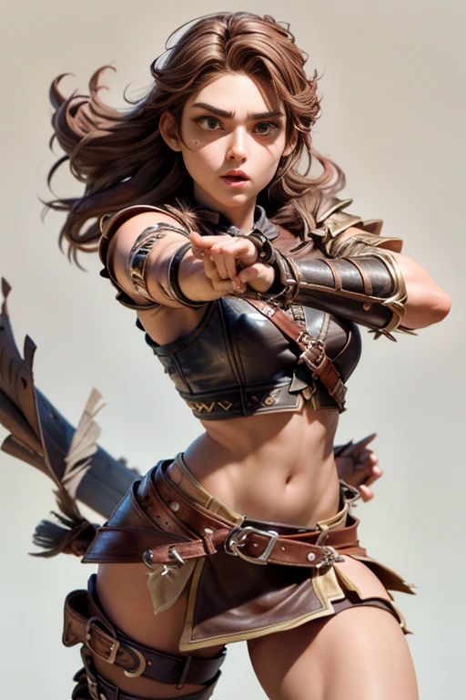  Young Viking woman , warrior, short brown hair, thick eyebrows,  brown eyes , leather armor,  strappy leather top , fur skirt, fierce expression,  combat posture ,  masterpiece , super detail,  lyrics,  plain white background , without patterns, No textures. 