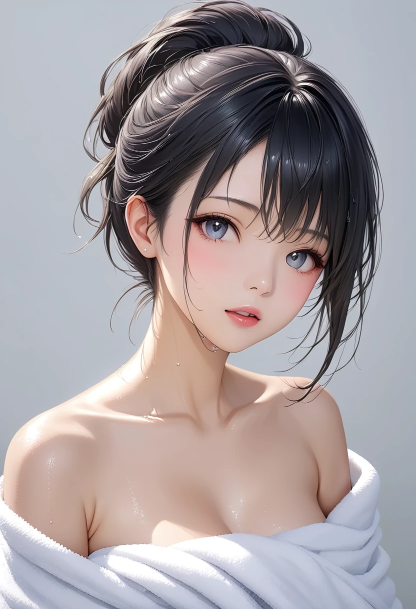 (((Masterpiece))), (((portrait))), Kujou Sara, diffused light, dynamic shadows, sharp focus, realistic, detailed, highres, absurdres, white background, no bra, photorealistic, lifelike, wet, mascara, blushing, sleeveless, youthful appearance, pee stain, white panties, (((side))), (((nudist))), (((ponytail)))