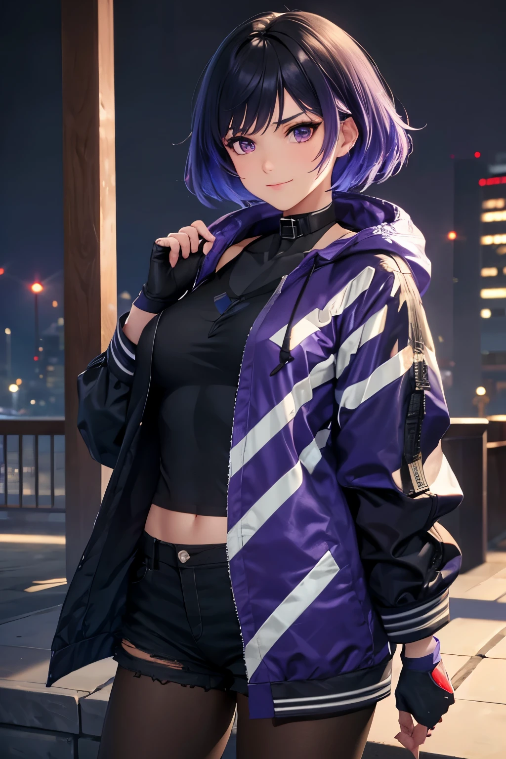 (8k, raw photo, masterpiece, extremely detailed, best quality, professional lighting, high res), BREAK beautiful and adorable girl, reina, (round face), purple eyes, sharp eyes, multicolored hair, choker, purple jacket, see-through, black shirt, black shorts, fingerless gloves, pantyhose, (tall height), grown up looks, fighter, strong willed, arrogant, BREAK outdoor, (dark:1.3), dark world, rocky area, barren land, BREAK she is looking down the viewer, arrogant smile