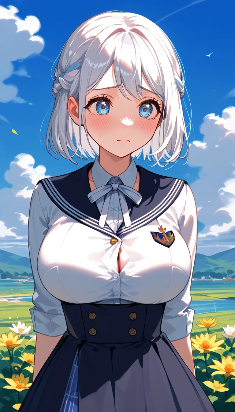 16K,1 Girl,  Katsuragi Lily, blue eyes,White hair,Short hair,braid,, sailor collar ,neck ribbon,  white shirt,tiered skirt ,High waist skirt,Throw,View the scenery, blush,Awkward,((( big breasts ))),((Large target )),Thoracotomy ,Chest close-up,, beautiful appearance , beautiful eyes,Detail eyes