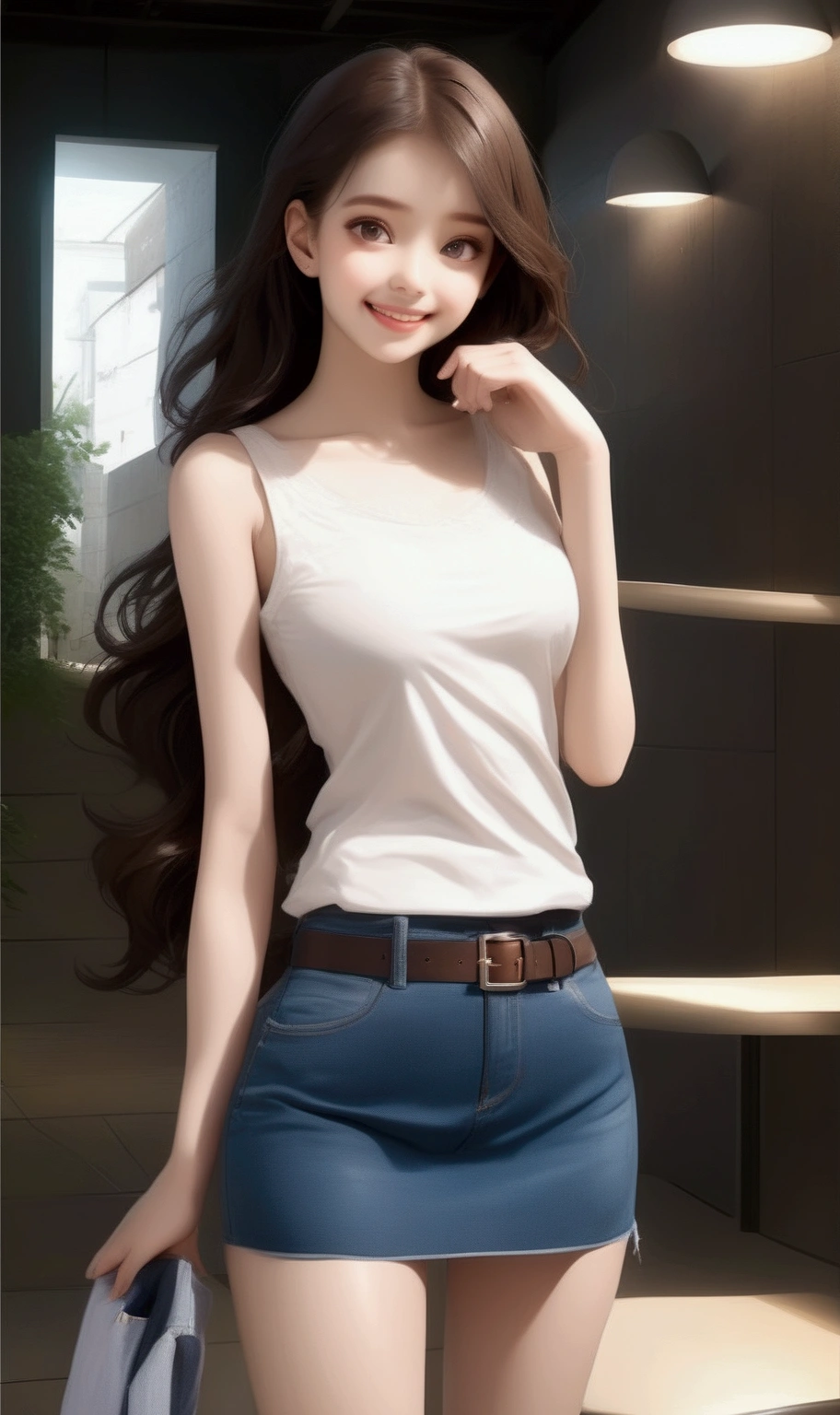 adorable teenage girl, smiling, show her teeth, standing pose near the corner of wall, she is in dark-brown medium hair (+forehead), wears  dark-gray tank top,  denim pencil skirt with brown belt, BREAK, (1girl, solo, full body, looking at viewer, front view), (best quality,4k,8k,highres,masterpiece:1.2),cinematic lighting,moody lighting,dramatic shadows,vibrant colors, (expressive eyes, perfect face, perfect anatomy)