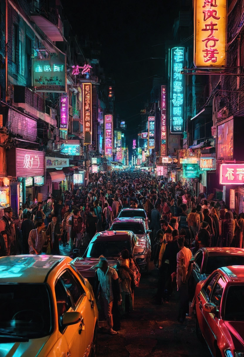 crowded Neon Street at Night