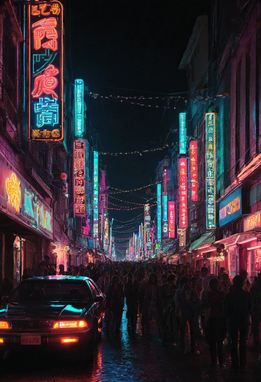 crowded Neon Street at Night