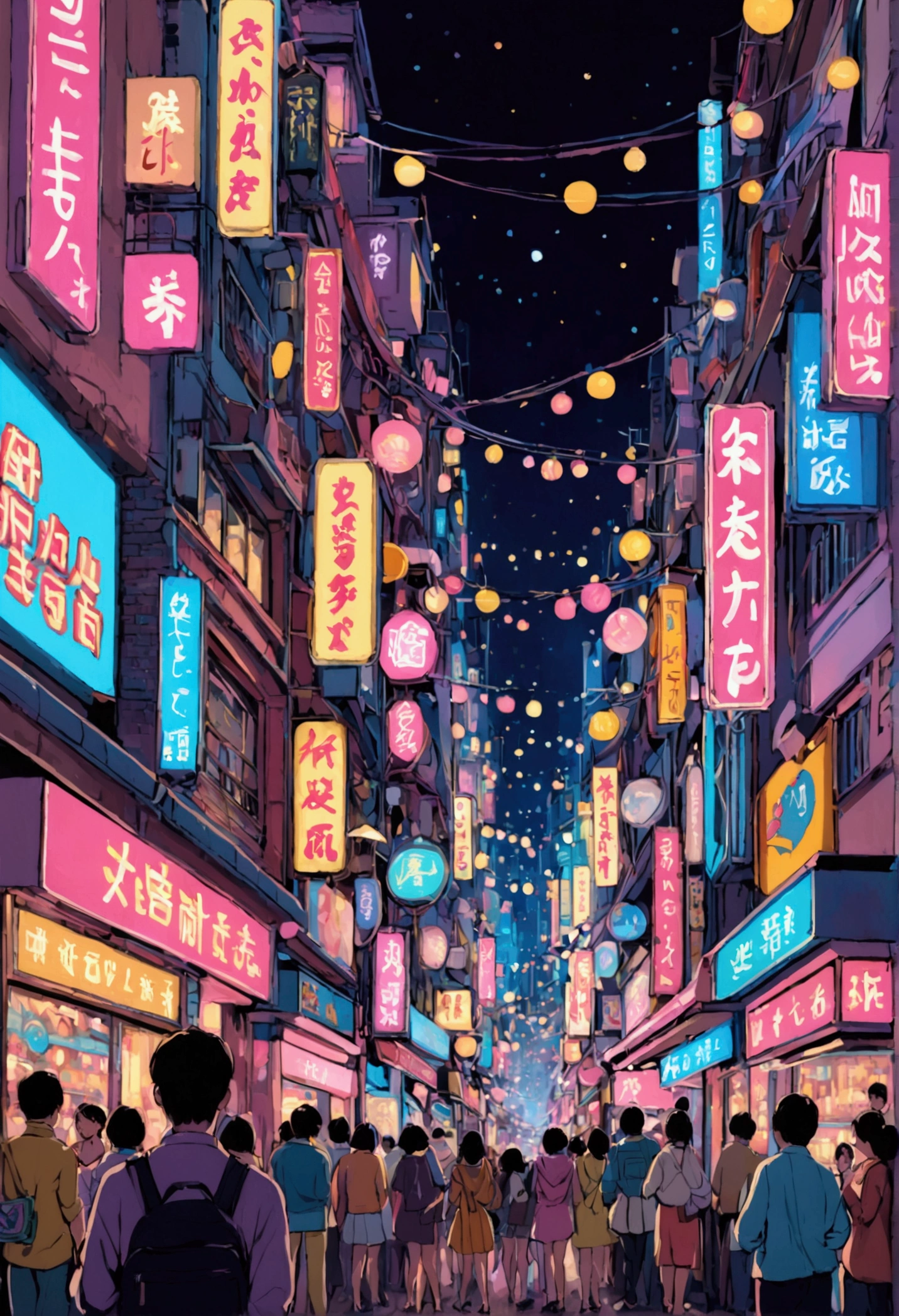 crowded Neon Street at Night