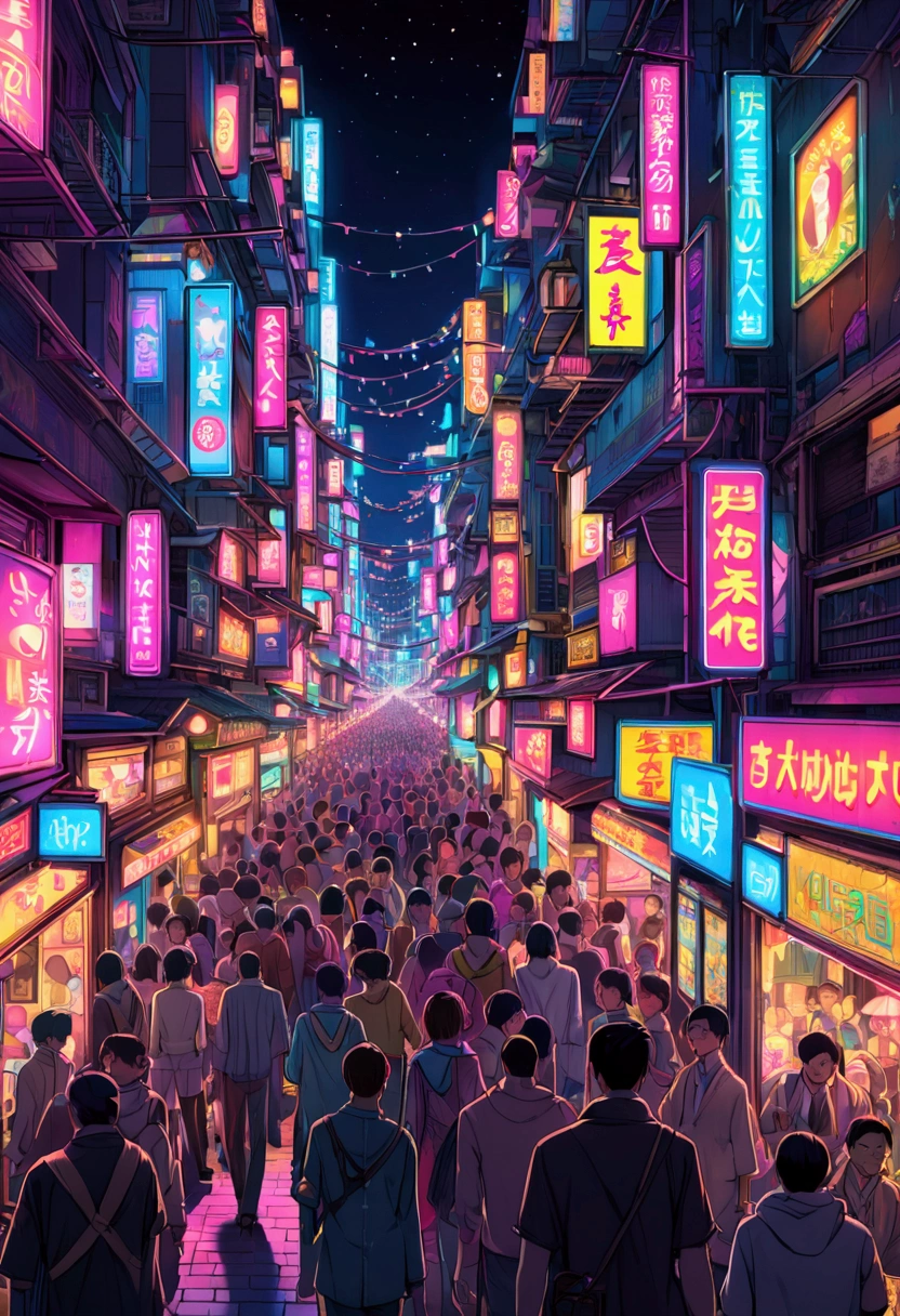 crowded Neon Street at Night