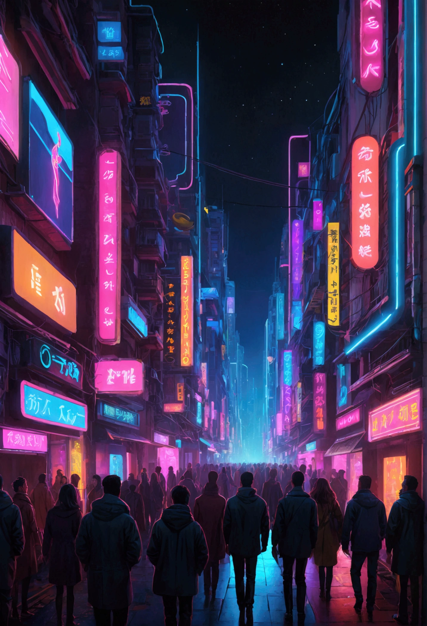 crowded Neon Street at Night