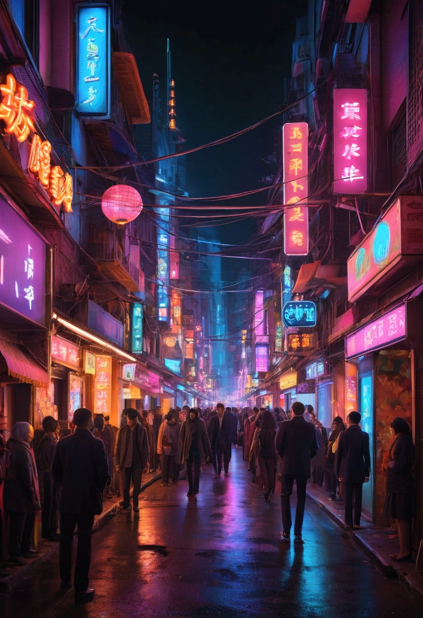 crowded Neon Street at Night