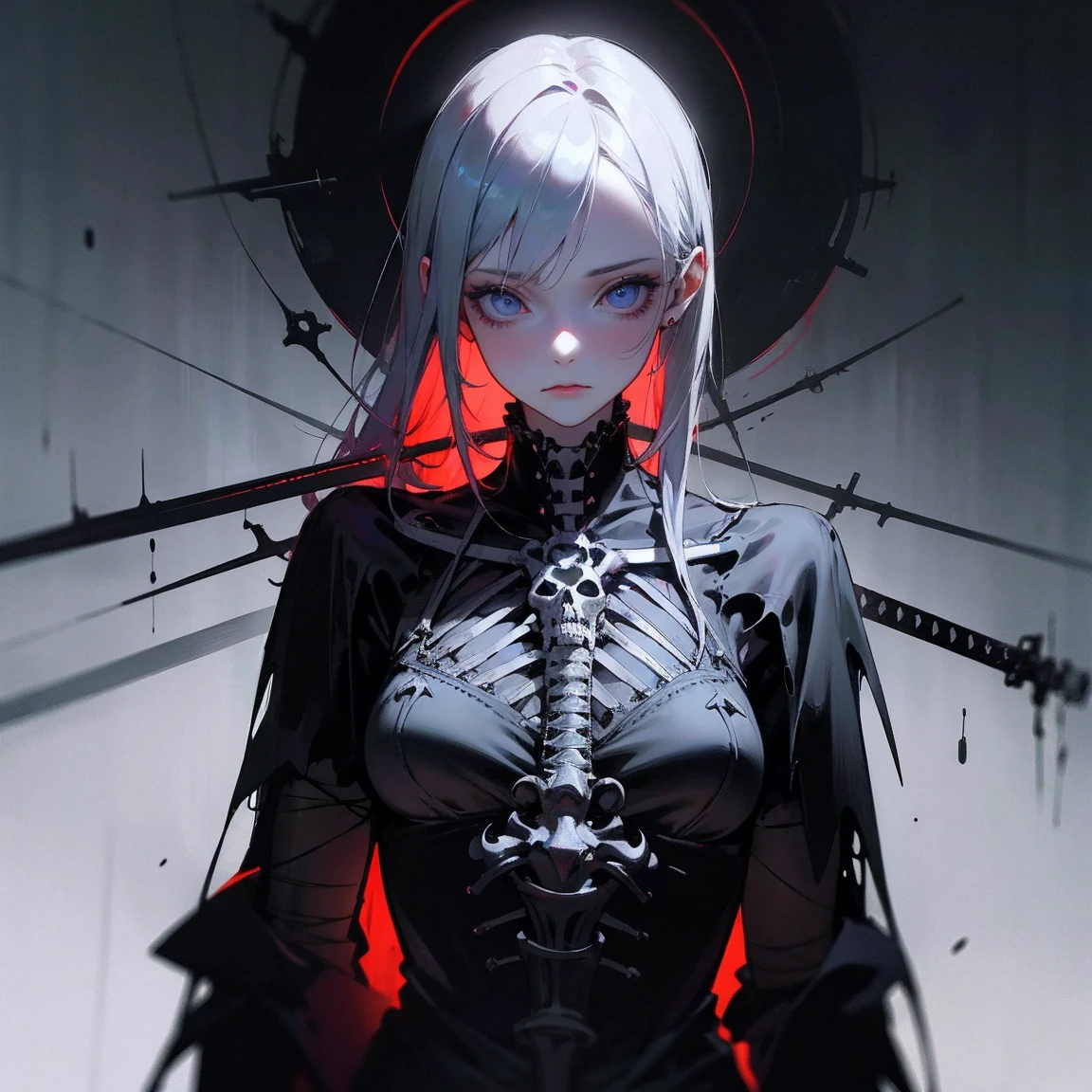 horror art, masterpiece, anime alien girl, grey alien skin, gloomy anime alien girl in closed good clothes, dark room