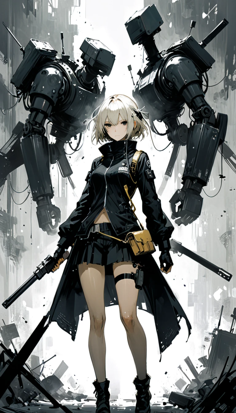 1girl, solo, looking at viewer, short hair, closed mouth, monochrome, greyscale, hairband, shorts, belt, robot, science fiction, android, cable, mechanical arms, cyborg, cyberpunk, mechanical parts, nun, robo girl, 90s, bladerunner
 <lora:biomanic:0.6>