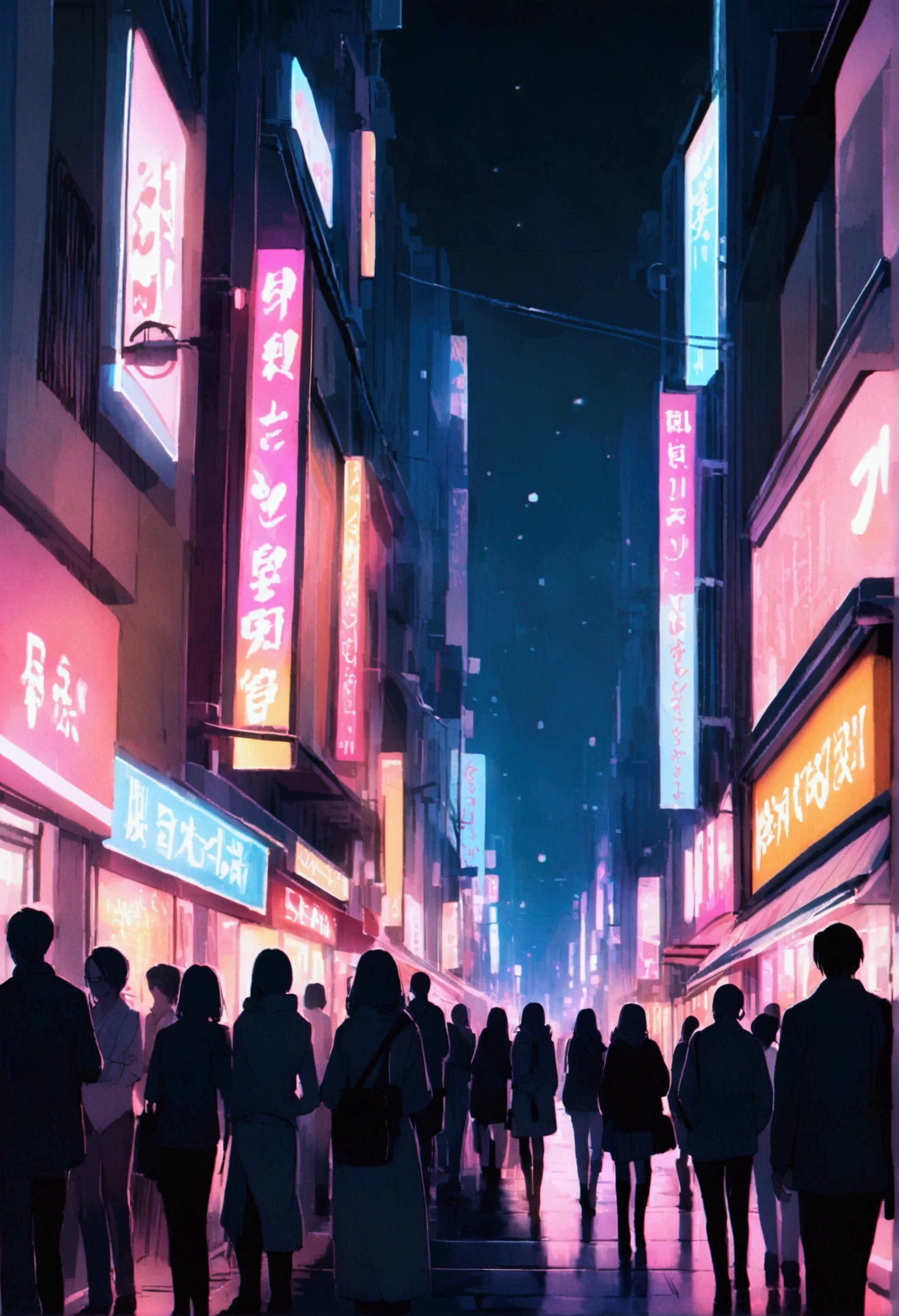 crowded Neon Street at Night