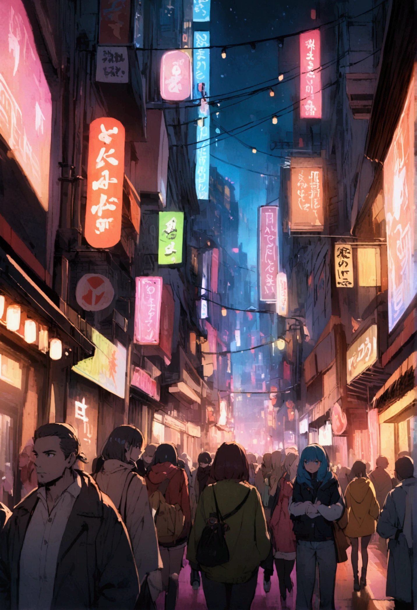 crowded Neon Street at Night