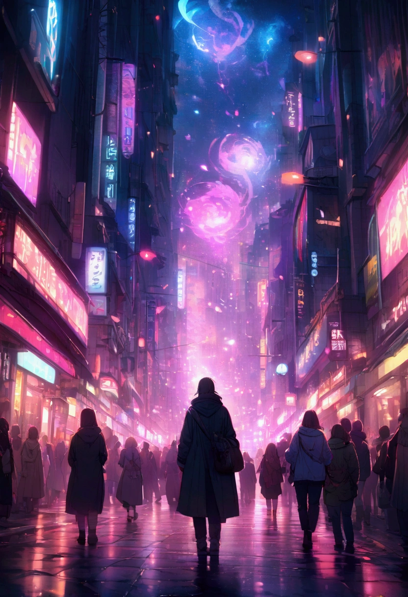 crowded Neon Street at Night