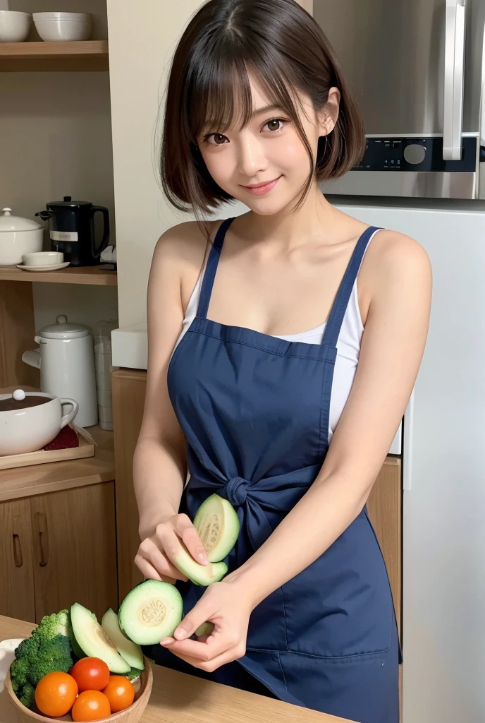 Cute like an idol、Cute and adorable、A 20-year-old girl with a young face、Smiling Kindly、Naked with only an apron on、Naked under the apron、Cleavage、((I can see her butt through her apron))、kitchen、whole body、whole body、Accurate、Anatomically correct、Textured skin、Very detailed、 Attention to detail、Highest quality、High resolution、Genuine、Indistinguishable from live-action、realism、Real Stick、RAW Photos、Genuine、masterpiece