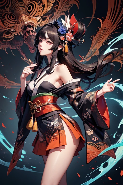 (((((roll up bandage sideways on a chest tightly to cover the chest without gaps))))), (((bandage samweways))),, ((Japanese Gangster BOSS)), adult woman with the dignified presence, Killing Qi, wear nothing around shoulder, wear nothing around neck, wear the kimono, wear it below the waist, (I wind it up to control it, and to attach it), ((kimono come off)) ,wear the kimono multiple times, Bare shoulders and the clavicle, black and gold kimono, put on over jacket of kimono, (holding a japanese sword which shine in purple, The handle of the sword is black, and the blade is gray, long sword), eye fire, low angle, whole body, anime character, Glaring, off sholder, nappropriate smile, Excellent, black blue hair, can see both shoulder, ((long kimono hem)), small face, ((some cherry blossam big tattoo on the arm)), ((background Japanese gate with circlr mark)),muscular,drink sake,fullmoon in the sky, The kimono is spreading,(((ultra-detailed))),super beautiful,Masterpiece,Killing Qi,Intimidation,zoom up, a person,Selfish person,in japanese veranda
