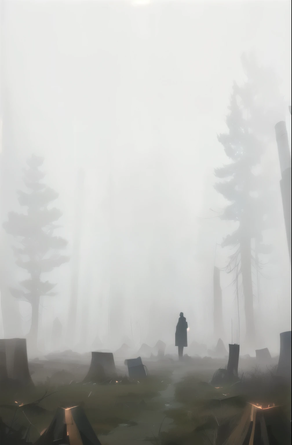 there is a man standing in the fog in the woods,  inspired by Goro Fujita,  Creepy Nostalgic Concept Art , Octane Rendering. fog, volumetric lighting and fog,  Fantastic ,  Silent Hill concept art , atmosphere. Digital painting ,  dystopian gray forest background , atmosphere anime, 배경이 fog가 끼다, volumetric fog, volumetric fog and lighting