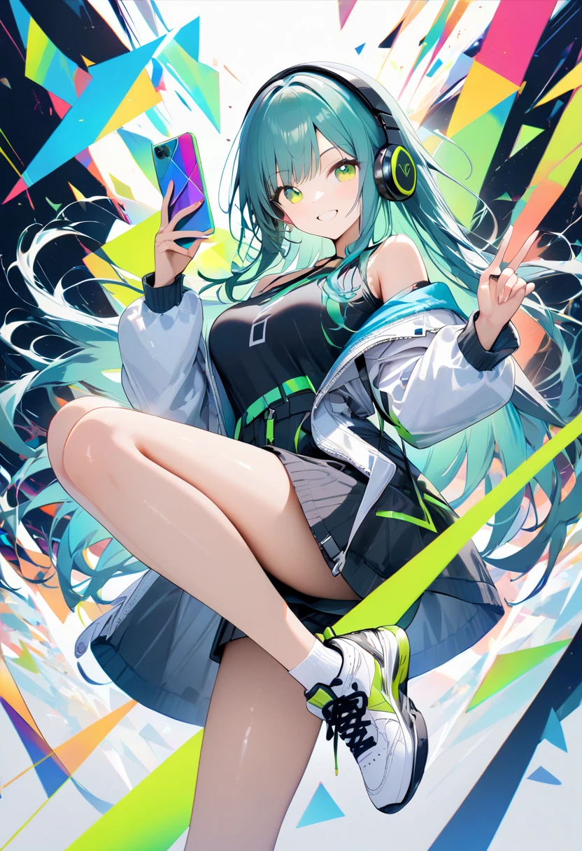 masterpieces, best quality, high detailed,very high quality, amazing quality,(absurdres:1.2),1girl, solo,long hair,side bangs,off shoulder,full body, front view, smile, bright smile,black headphone, green glow eyes, holding phone, dynamic pose, white socks,white sneakers, geometric pattern background, floating music nots, music notes, pastel color theme,(abstract:1.3)