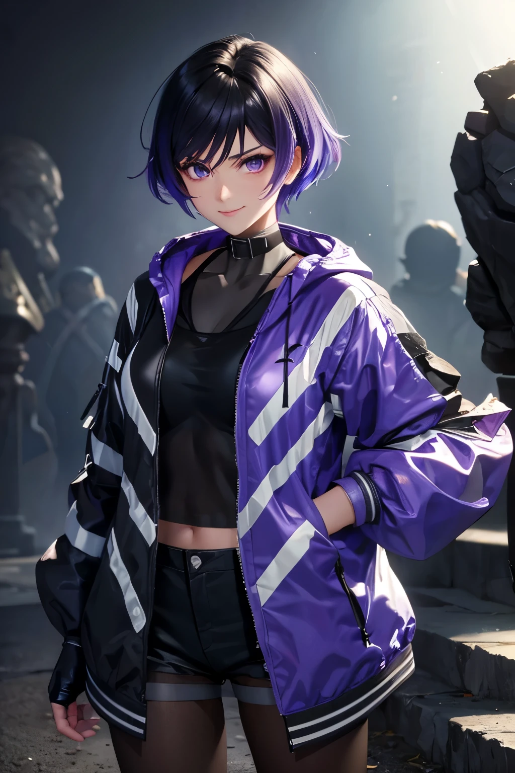 (8k, raw photo, masterpiece, extremely detailed, best quality, professional lighting, high res), BREAK beautiful and adorable girl, reina, purple eyes, sharp eyes, multicolored hair, choker, purple jacket, see-through, black shirt, black shorts, fingerless gloves, pantyhose, (tall height, round face, grown up looks:1.2), fighter, strong willed, arrogant, BREAK outdoor, (dark:1.3), dark world, rocky area, barren land, BREAK she is looking down the viewer, arrogant smile