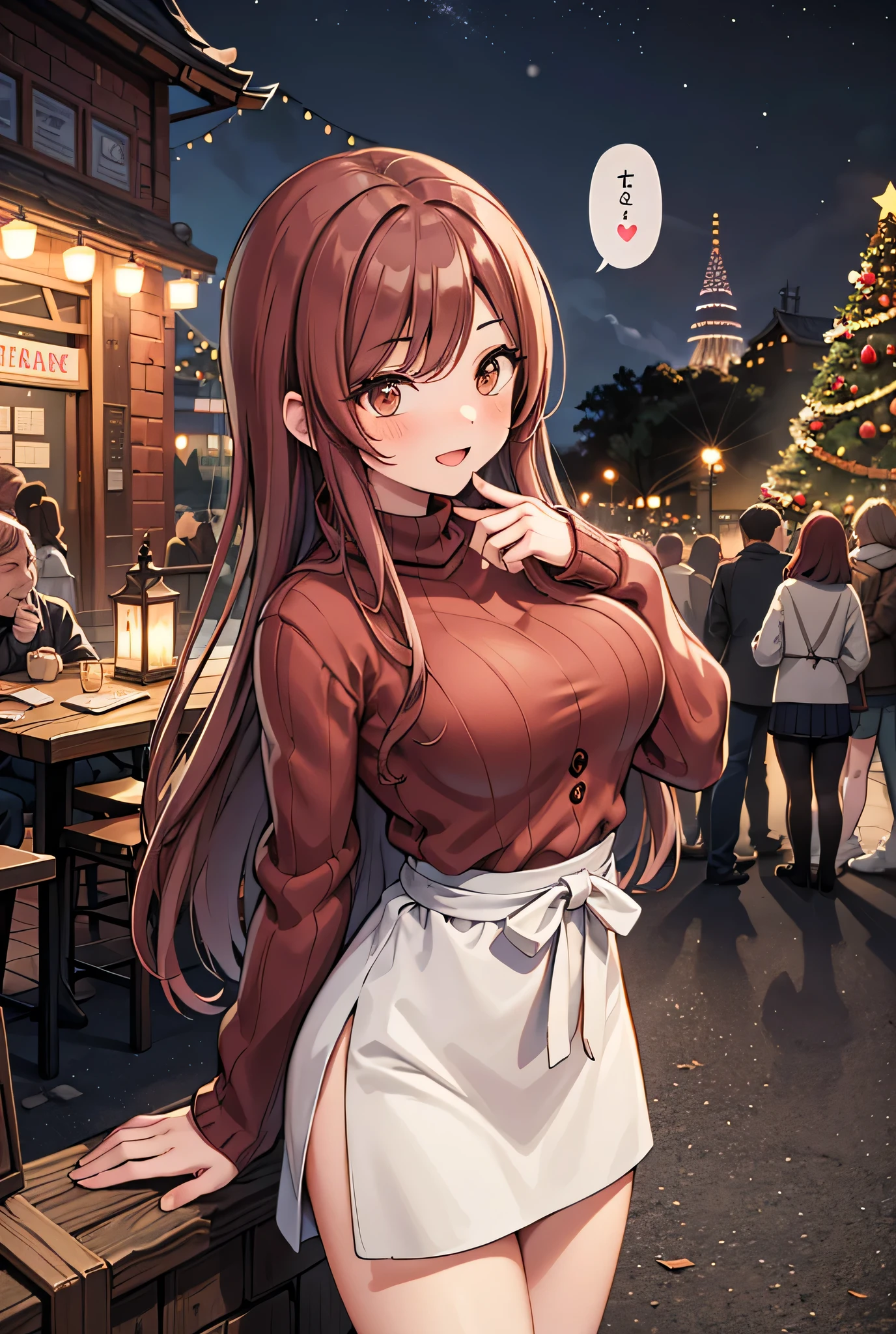 1 girl, Alone, Hi-Res, Long Hair, (( big breasts at the temple)), Blushing , Reddish brown hair, masterpiece, accurate, anatomically correct, won numerous awards, high definition model, High Details , High Quality , very detailed, retina, textured skin, Ultra High Definition, smile, Beautiful legs, Black Eyes, age Girls, Keep your eyes beautiful , ( knitted sweater), Knee-length skirt, , winter, night, Cafe, candlelight , Having fun, ((Christmas Town)), Put on a cardigan, ((( and look away))), open your mouth wide, Meeting up with my boyfriend, ((speech bubble heart)), standing, Cafe restaurant terrace seating background, Emphasize the upper body,