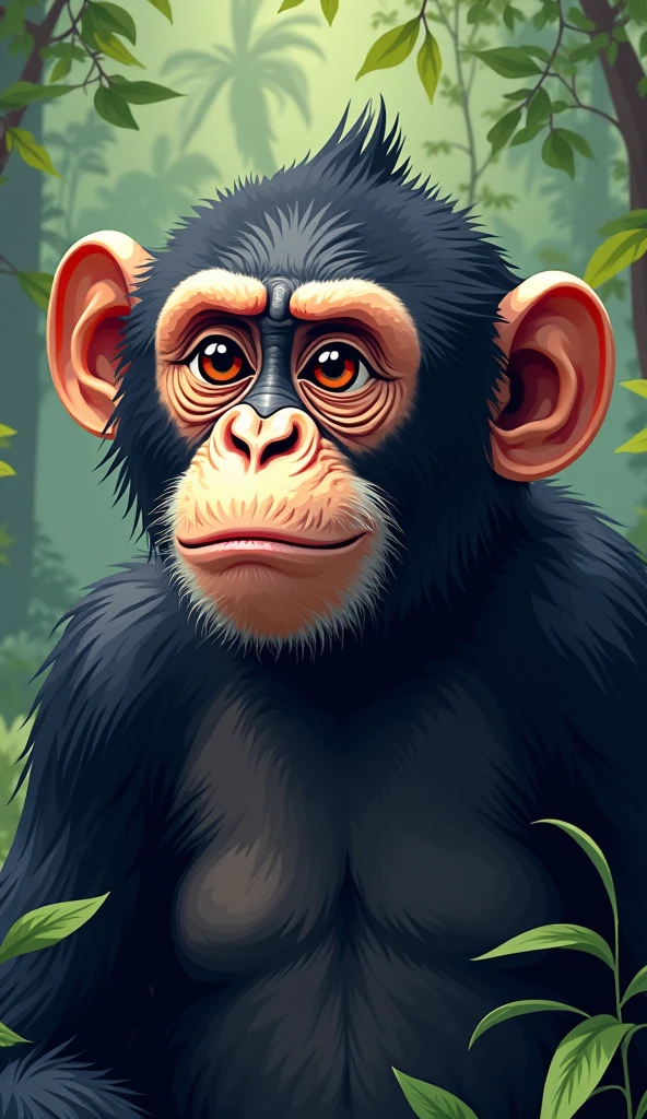 a majestic monkey, with a prominent chin on a throne of branches and leaves in the middle of the trees, surrounded by other monkeys, its chest fur is lighter, resembling a tank top