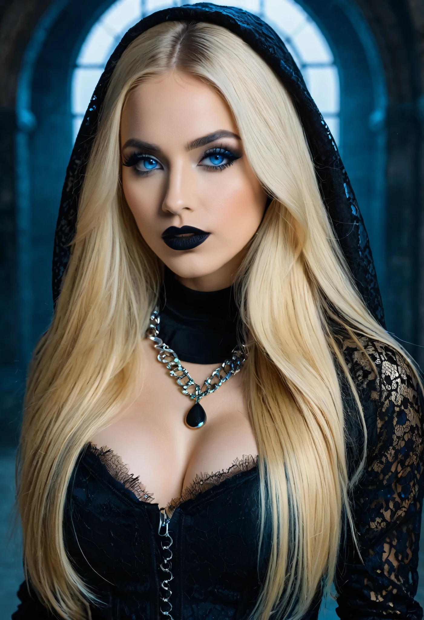 very attractive 25 year old girl with long platinum blonde hair, professionnel, Long panoramic shot of a very sexy and very beautiful Halloween Witch, (((Red mouth))), (((with straight platinum blonde hair))), (((black clothes))), red and black lace lingerie, photorealist, photorealism, unzoom, full cap, perfect lines, realistic face, intricate, detailed, digital slr camera , 8K uhd, deep black, , prominent mammary glands