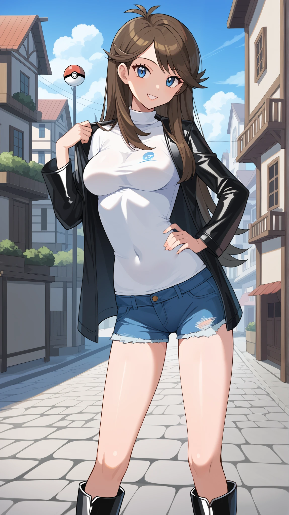  score_9,  score_8_Excellent,  score_7_Excellent,  score_6_Excellent, Best Quality, sauce_Anime,  cell shading ,  flat color, vector,  detailed background , town, building,  break 1 girl , Alone, (\ Pokémon\), Brown Hair, Long Hair,  blue eyes, Ample breasts,  Viewers, 1 female, Age 18, whole body,  Slim Body , smile, Outdoor, 挑発的なsmile,  seductive smiles from all around,  black long sleeve leather jacket,  putting one hand on the waist ,  white shirt ,  blue denim shorts ,  knee-high boots,  tall,　bare hands, no gloves ,  is standing,
