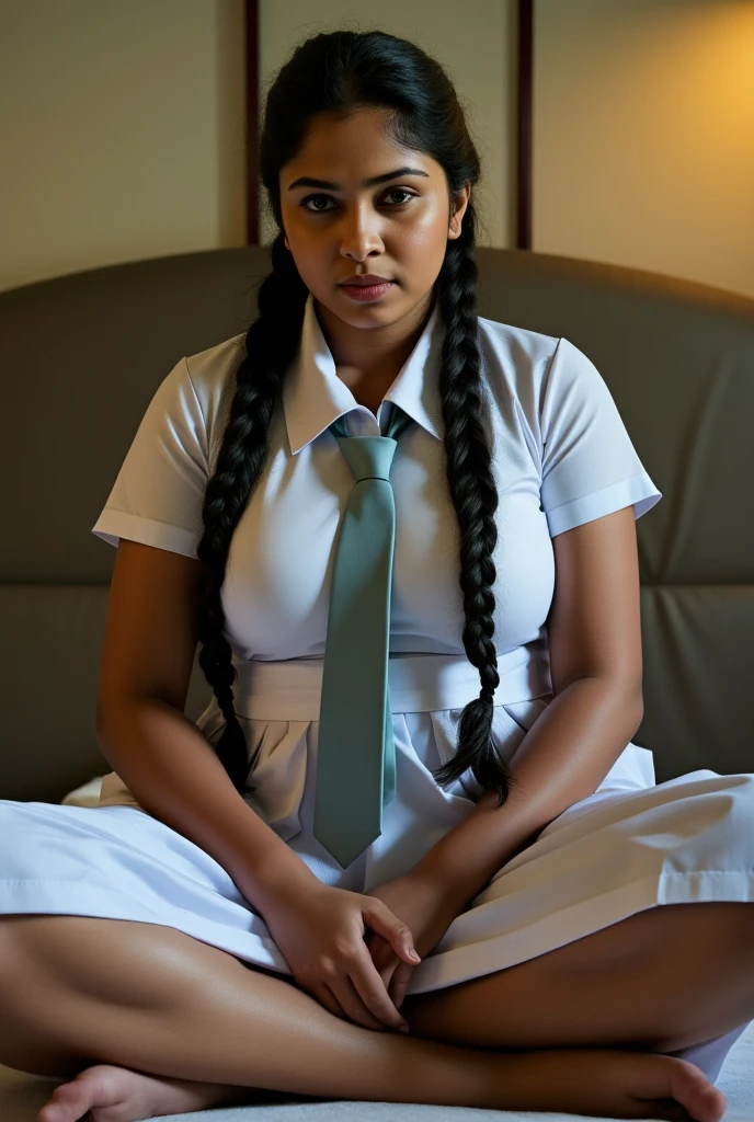 
beautiful cute Sri Lankan 21 years old school girl, in barefoot, Large breast size , 20 years old, wearing a white frock and a plain color tie. She has plaits, black braided long hair, cinematic lighting, glowing, movie filter, moody effect, thick body, beautiful Indian face, sitting on the bed, cross leg pose, vintage camera filter