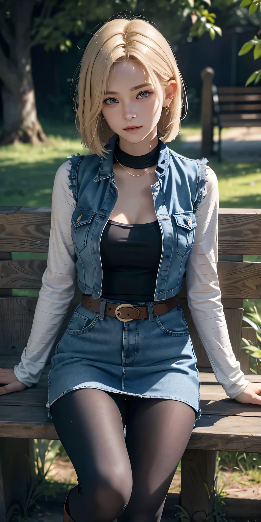 a 20 yo woman, blonde girl, ( Medium Bob hair fade:1.3), soothing tones, muted colors, high contrast, (natural skin texture, hyperrealism, soft light, sharp), A 30-year-old woman of outstanding beauty, dark theme, soothing tones, muted colors, high contrast, (natural skin texture, hyperrealism, soft light, sharp), Android 18 solo, Light Blonde hair, , Blue Transparent eyes of Slavic Caucasians, The flash in the eyeballs is brilliant, Wearing earrings, Tight Long sleeves with black stripes on a white background, Blue denim mini vest, Blue denim mini skirt, The denim skirt's zipper seam line and stitching run vertically straight to the bottom of the skirt, Open-chested denim vest, Black T-shirt with high cleavage, Large breasts, Women's Western Cowboy Belt, Brown see-through pantyhose, Western short boots, Looking at viewer, Her whole body is visible on the screen, Her entire body is visible on the screen, from her head to her boots, On a bench, Slight smiling with closed lips standing next to bench , Blue sky, , outside, park, grass, Summer, trees, blue sky, high quality, masterpiece,