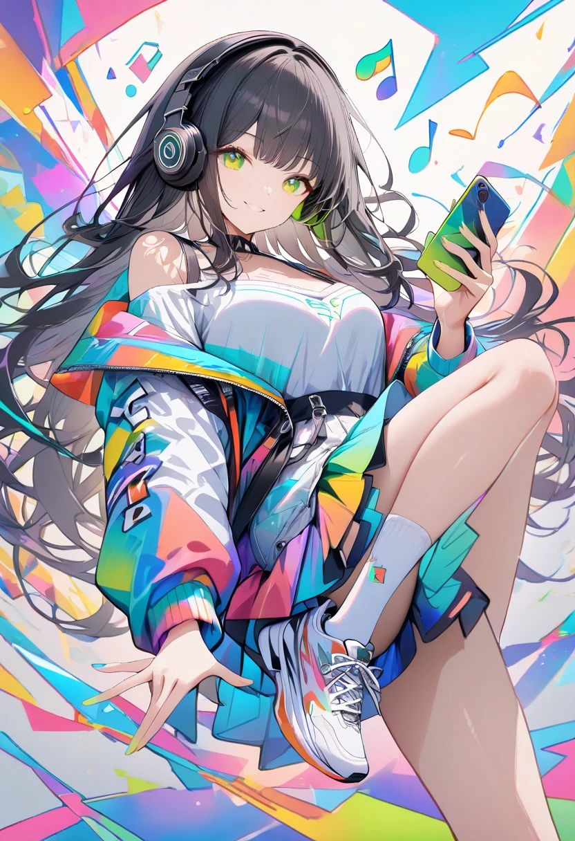 masterpieces, best quality, high detailed,very high quality, amazing quality,(absurdres:1.2),1girl, black hair,solo,long hair,side bangs,off shoulder,full body, front view, smile, bright smile,black headphone, colorful,vivid,green glow eyes, holding phone, dynamic pose, white socks,white sneakers, geometric pattern background, floating music nots, music notes, pastel color theme,(abstract:1.3)