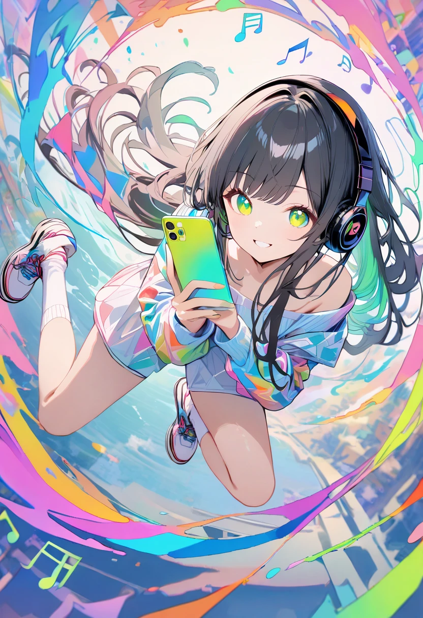 masterpieces, best quality, high detailed,very high quality, amazing quality,(absurdres:1.2),1girl, black hair,solo,long hair,side bangs,off shoulder,full body, front view, smile, bright smile,black headphone, colorful,vivid,green glow eyes, holding phone, dynamic pose, white socks,white sneakers, geometric pattern background, floating music nots, music notes, pastel color theme,(abstract:1.3)