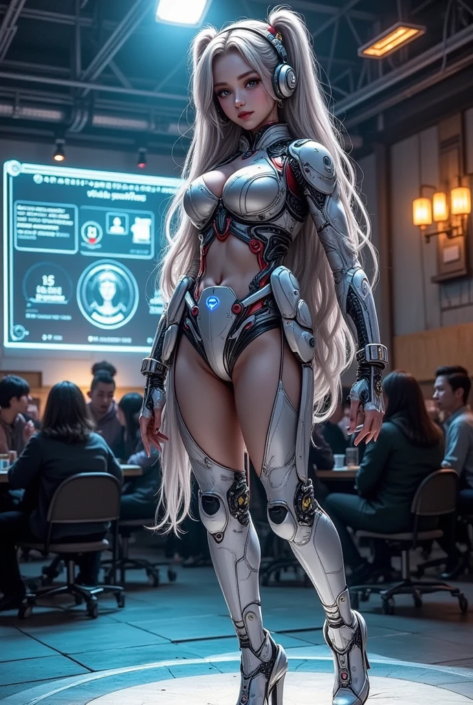 Beautiful Face,Face is Japan, 1 Woman, Big, Curvaceous, (8k, RAW Photo, Best Quality, Masterpiece: 1.2), (HDR, Realistic, Photorealistic: 1.37) (Blood vessel attached to tube), ( Cyborg Robot Parts)))), (Light Grey Hair), Long Hair, Wavy Hair, Twin Tails, Medium Shot, ( Seductive smile)), (black eyes), princess cut,from below,(whole body),posing,,inside the lab,( blood vessel connected to a tube),((mechanical vertebrae attached to the back)),((mechanical neck attached to the neck)),(wire cable attached to the head and body),(character focus),science fiction,perfect female figure,perfect ,ultraanatomy, Full body shot, up to 4 fingers and 1 thumb relationship,