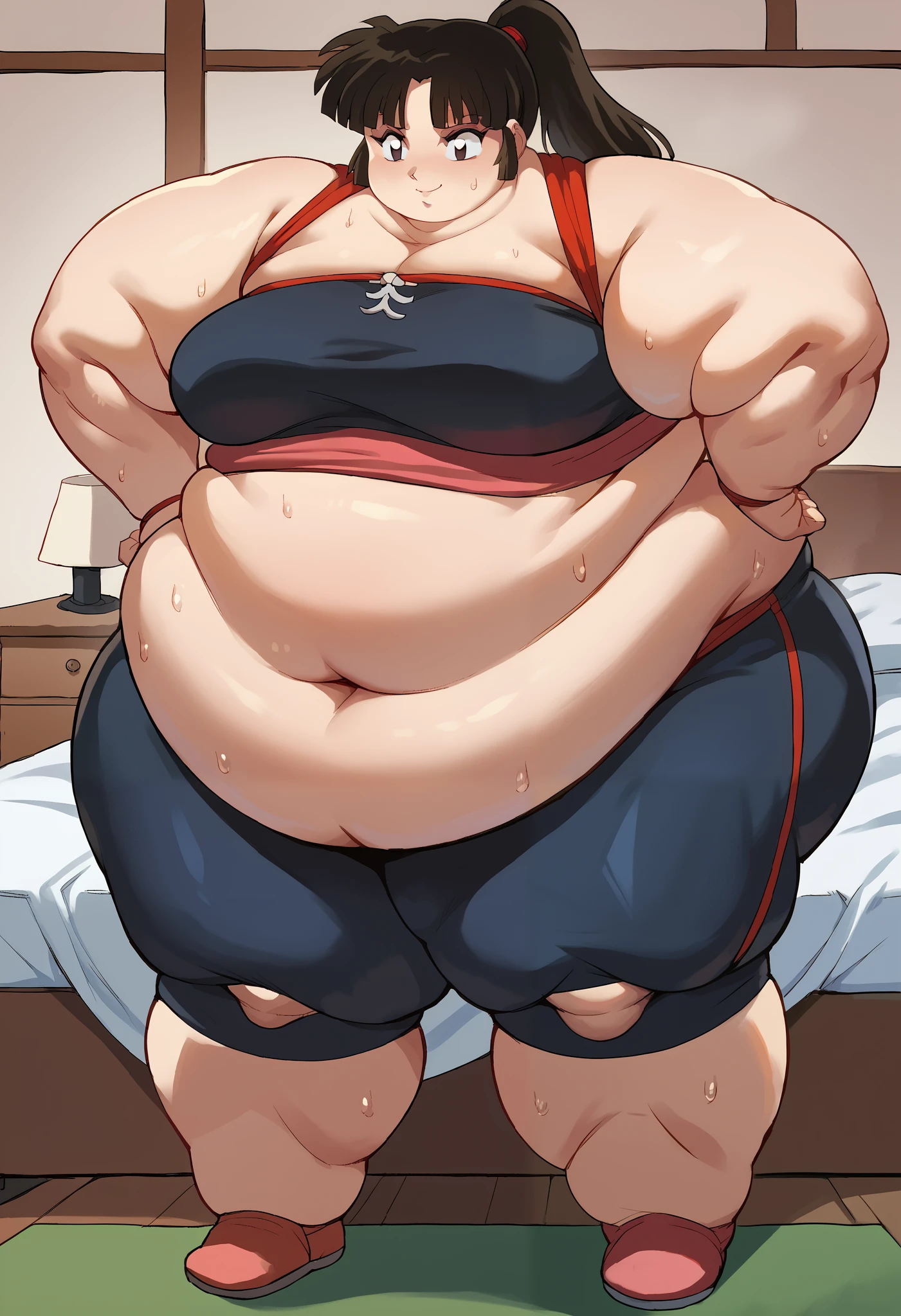 score_9, score_8_up, score_7_up, source_anime BREAK 1girl, Sango, ganryu, tube top, black bike shorts, bedroom, smile, sweating, growing fatter, fat, chubby, obese, full body shot, gigantic arms and legs, 