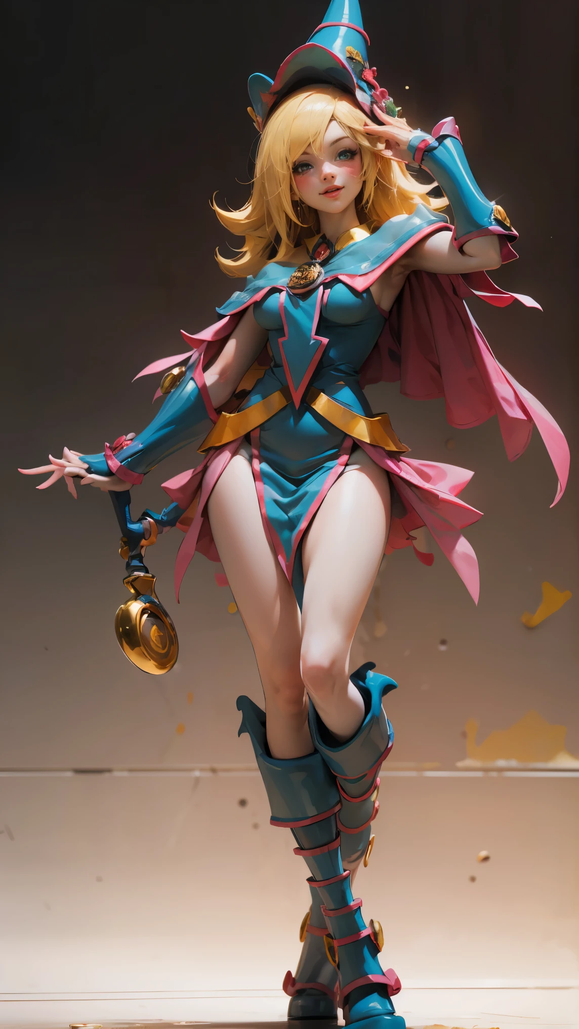 a young woman with long blonde hair, beautiful detailed eyes, beautiful detailed lips, extremely detailed face, long eyelashes, insane flirty look, wearing a crazy sexy outfit, holding an oversized carnival hammer, striking a cute power pose, full body shot, photorealistic, 8k, hyper detailed, cinematic lighting, vivid colors, comic book art style