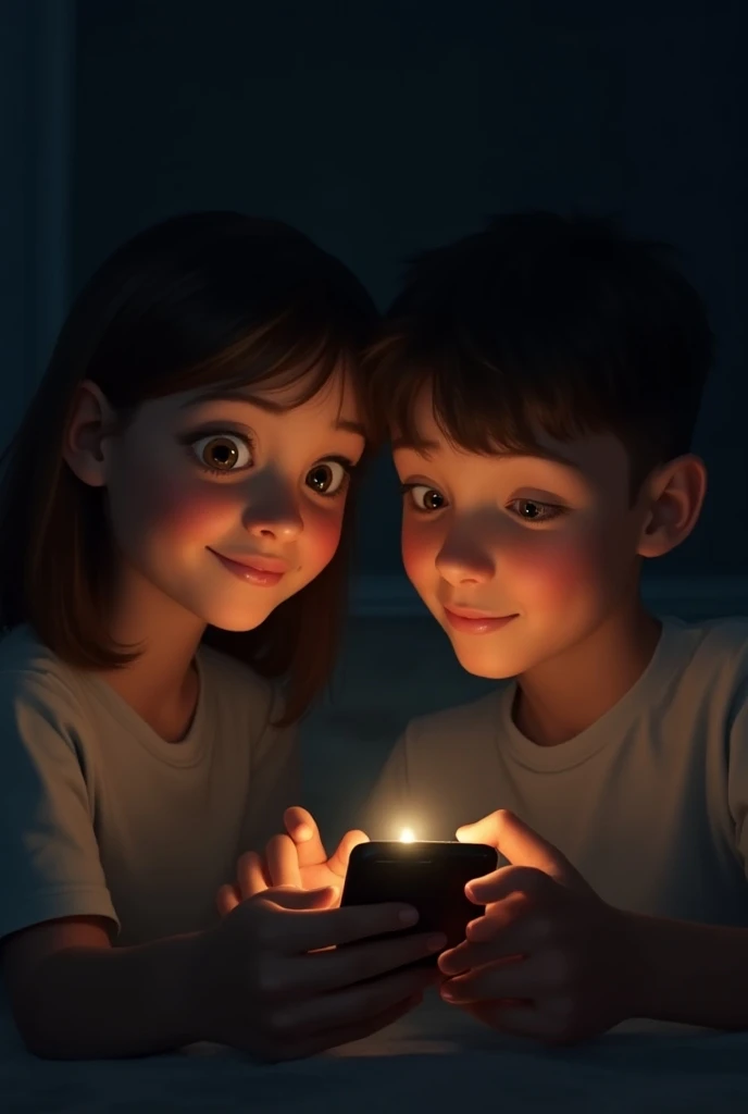 Generate an image of a boy and girl on either side of the screen They are smiling and talking to each other, and their eyes are locked on each other. they are communicating through social media.