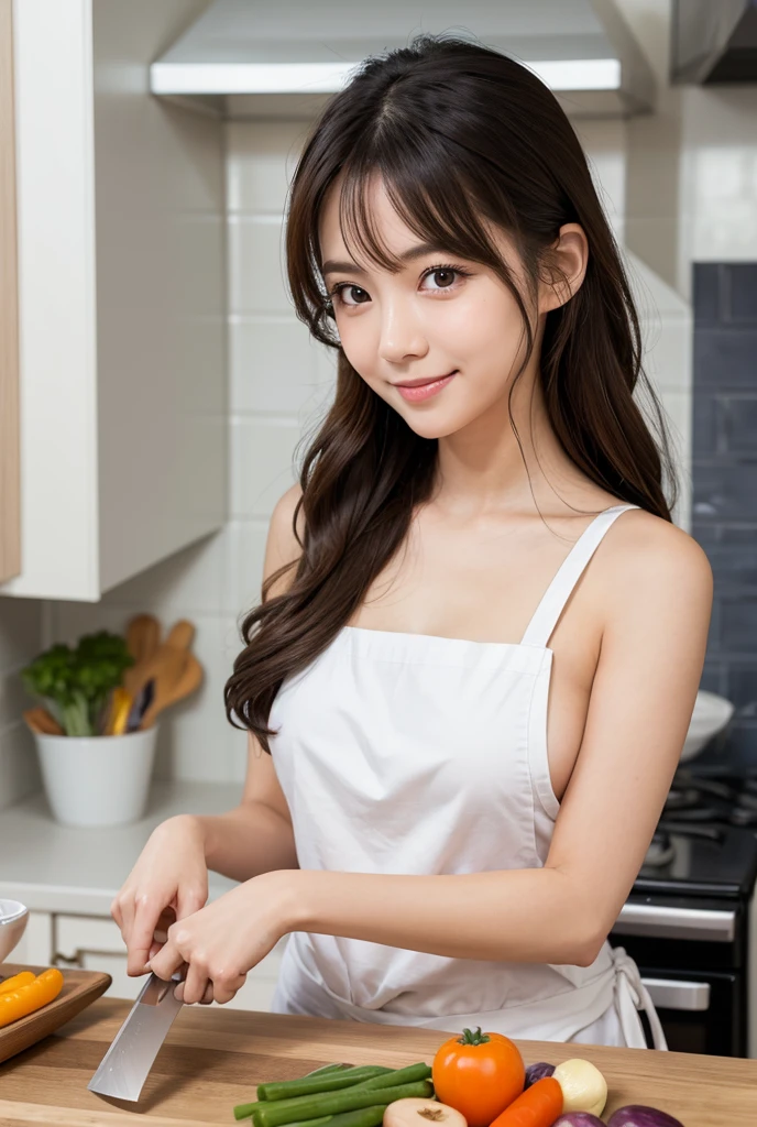 (masterpiece, best quality:1.1), (8k, raw photo, photo realistic:1.2, f22), (shiny skin), detailed skin,long hair,detailed face, detailed eyes, smile,BREAK, real world, intricate details, smil, BREAK, 1girl, (apron,pink), BREAK, (kitchen:1.4), BREAK