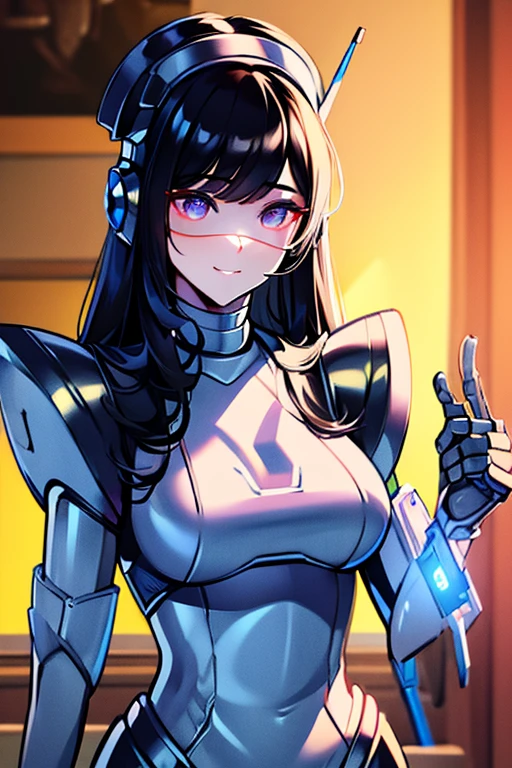 (masterpiece),(Highest quality),(Super detailed),(Best illustrations),(Best Shadow),(Absurd),(Detailed Background),(so beautiful), 16K, 8K, 4K,(Best Shadow),robotization,woman ,big bust,Robot Joint ,Metal skin,Black robot Suit,long hair,a black robot suit that covers the whole body,robot hand,cyber bodysuit,mecha head,(Detailed hands and fingers:1.2),Ball joint robot body,doll joint,beautiful face,beautiful robot girl,robotic eye,robotic hands,(no more human skin),android girl,cyborg girl,F cup, sexy body,(machine made joints:1.2),(machanical limbs:1.1),(blood vessels connected to tubes),(mechanical vertebra attaching to back),(mechanical cervial attaching to neck),no messy picture style,no emotion,tech control,black robot suit,maintenance,smile,robot nurse