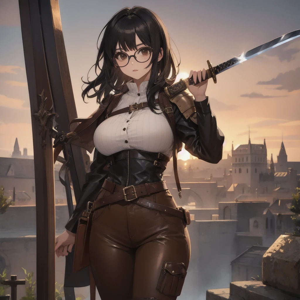 girl,  black hair , wearing glasses,  brown leather top ,  brown leather pants, boots,  Big breasts ,  medieval scenery ,  metal shoulder pads ,  leather strap , sword at the waist (At the hem ),
