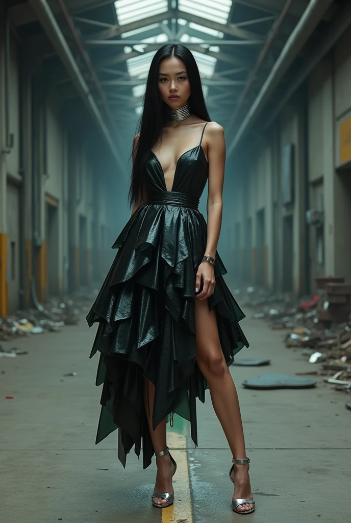 (Photorealism:1.1) woman, brunette, square hairstyle, Long legs, Beauty, dressed in a black long dress, Gothic dress, corset with red lacing, with a long train, high Victorian collar, gray eyes color, cyberpunk background, full height of a girl, inside an industrial building, a view from afar down a long corridor, Lying on the floor, dead, A trickle of blood from the corner of her mouth