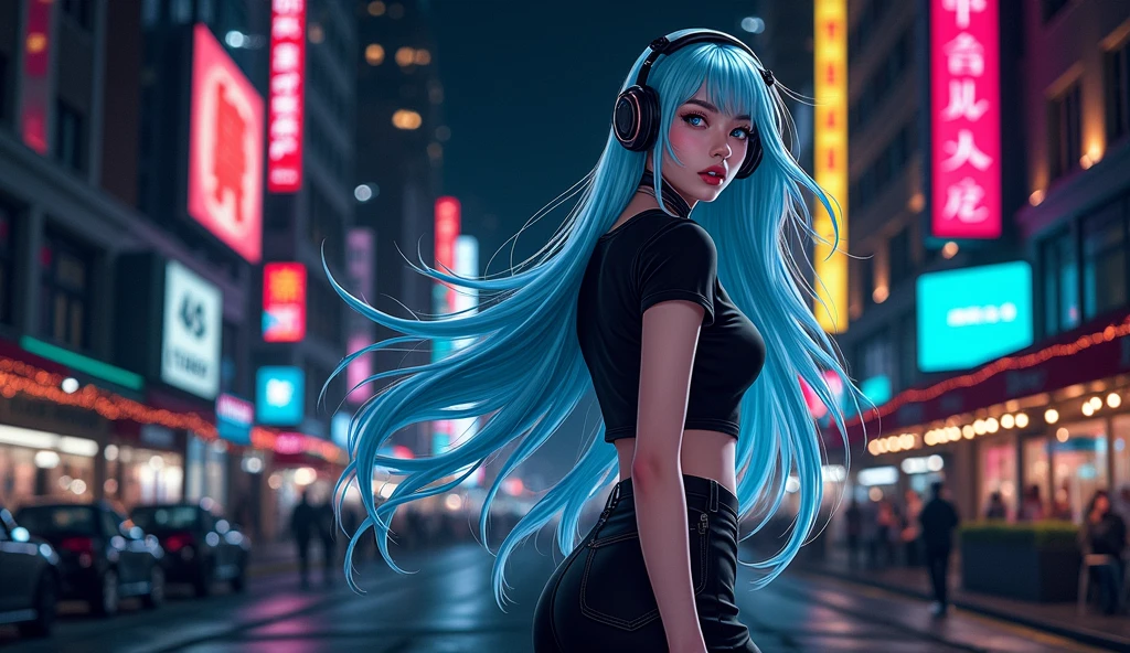 Beautiful sexy girl on the city street, the girl has big headphones, long light blue hair, light blue eyes, half of the face covered with a black mask. Tight black t-shirt, black short skirt.
Super realistic girl, real human, high definition, super detailed.
Realistic, Photography