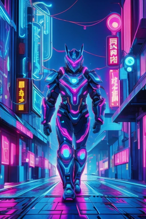 Full body view of .霓虹燈照亮的未來城市. 1 male..Neon-lit Future City Wearing Machine Armor .Walking down the street