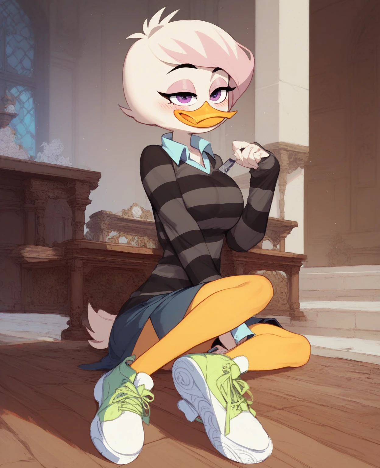  a girl , femenino, Alone,  hairy, specific, beak, lena sabrewing, young, piel Blanca,  white hair with pink details ,  short hair, orange legs, sneakers,  purple eye shadow , Dress shirt, dark clothes,  striped sweater , long sleeves,  Big breasts , inside, mansion, sitting,  Half-closed eyes , flirty eyes , blush,  High resolution, 