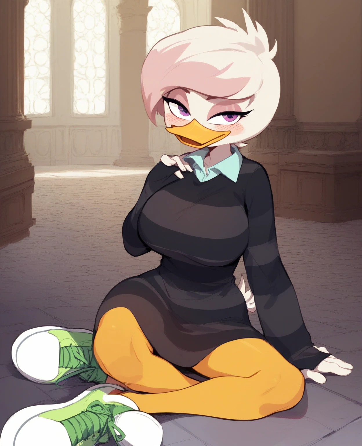  a girl , femenino, Alone,  hairy, specific, beak, lena sabrewing, young, piel Blanca,  white hair with pink details ,  short hair, orange legs, sneakers,  purple eye shadow , Dress shirt, dark clothes,  striped sweater , long sleeves,  Big breasts , inside, mansion, sitting,  Half-closed eyes , flirty eyes , blush,  High resolution, 