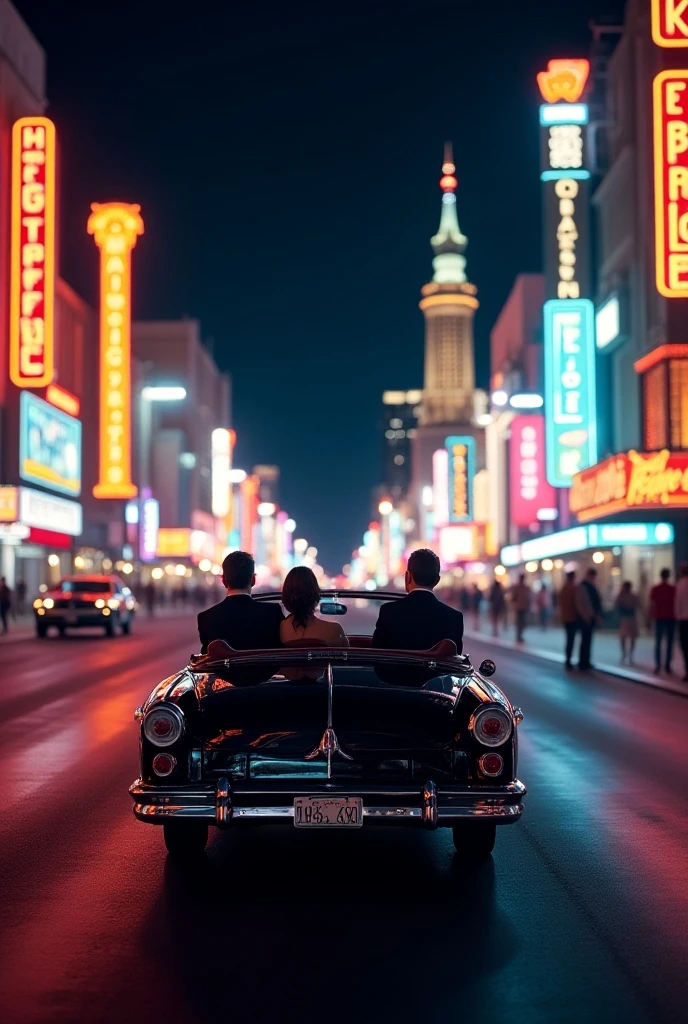 Realistic, theme is "Neon City at Night", Las Vegas, Nevada, USA, glittering night streets, retro convertible car slowly driving down the main street, men and women in formal attire are riding in the convertible, sophisticated design, advanced lighting technology, real photo 8K quality