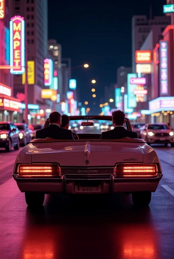 Realistic, theme is "Neon City at Night", Las Vegas, Nevada, USA, glittering night streets, retro convertible car slowly driving down the main street, men and women in formal attire are riding in the convertible, sophisticated design, advanced lighting technology, real photo 8K quality